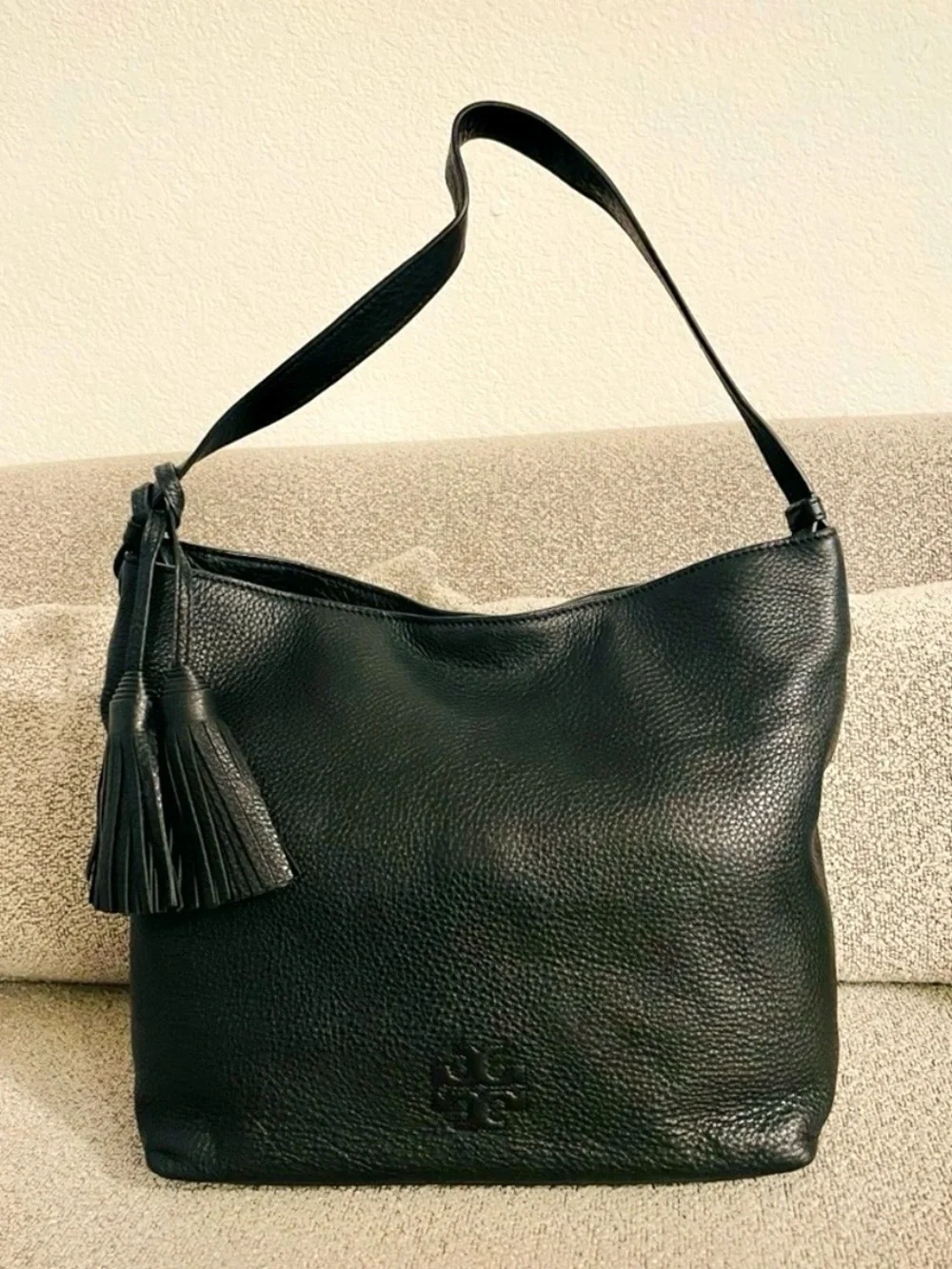 TORY BURCH Black Pebbled Leather Shoulder Hobo with Tassel